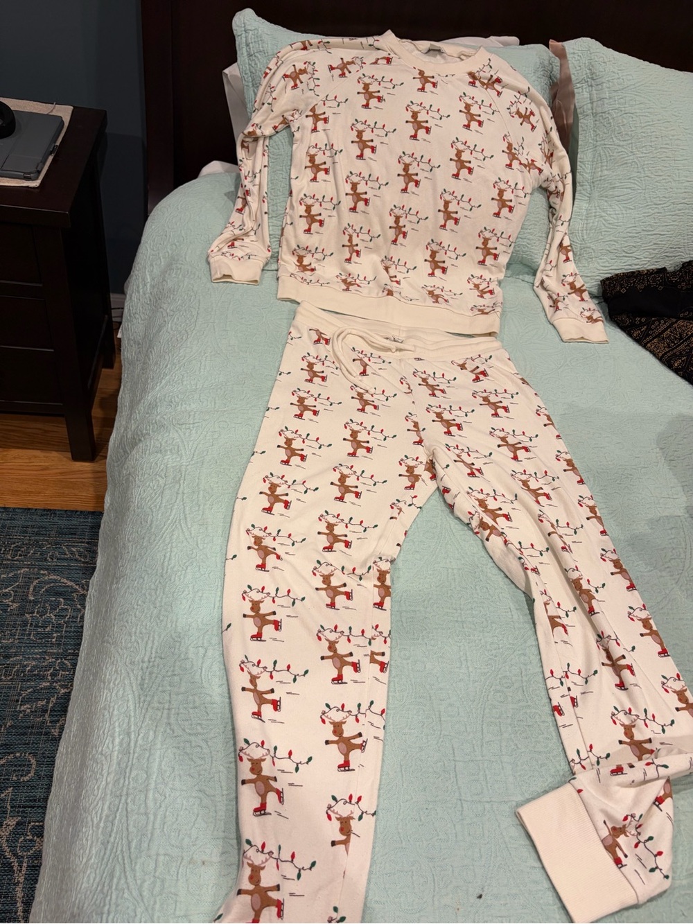 American Eagle Outfitters Womens Pajama Set with Reindeer and Holiday Lights